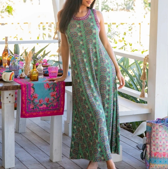 NATURAL LIFE Dresses & Skirts - Natural Life Floral Green Willow Trim Sleeveless Maxi Dress Sz L